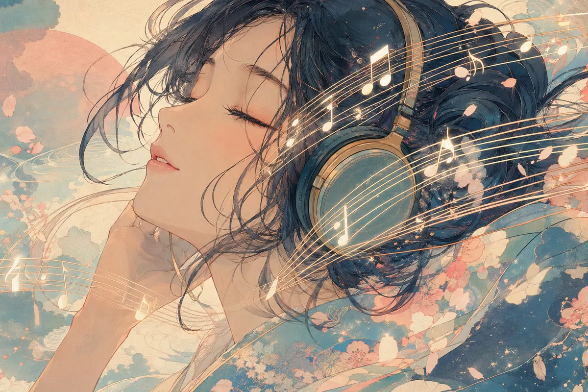 アニメとサブカルチャーに関連する音楽シーンを描いたイラスト