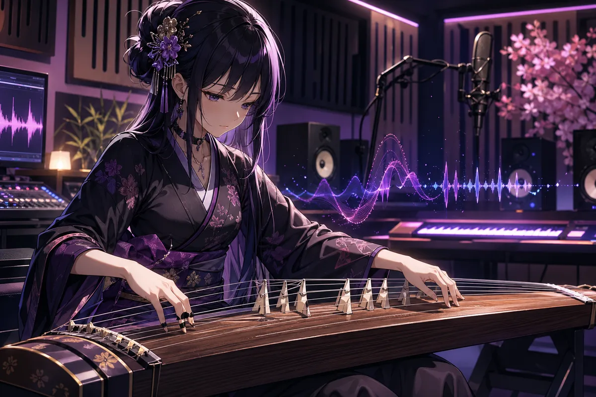 アニメとサブカルチャーに関連する音楽シーンを描いたイラスト