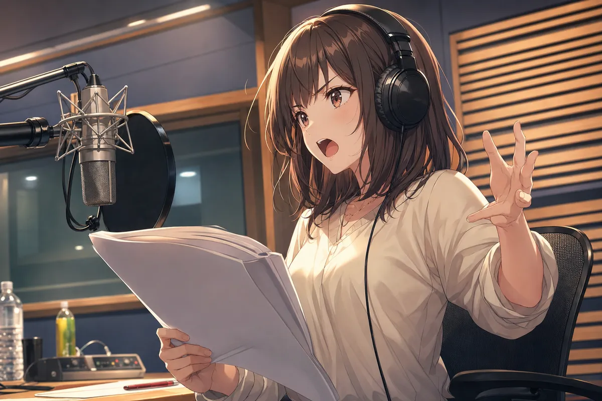 アニメ声優の専門的な録音スタジオでのパフォーマンスと表現力。