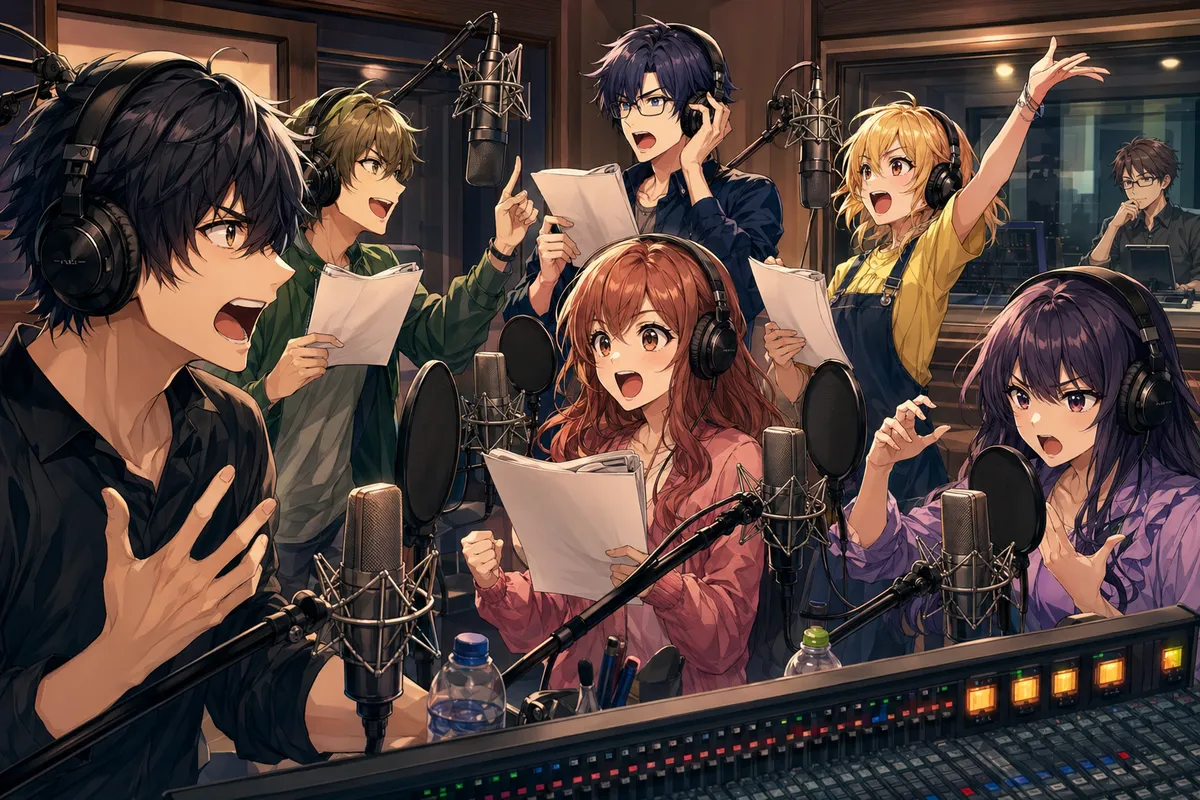 アニメ声優の専門的な録音スタジオでのパフォーマンスと表現力。