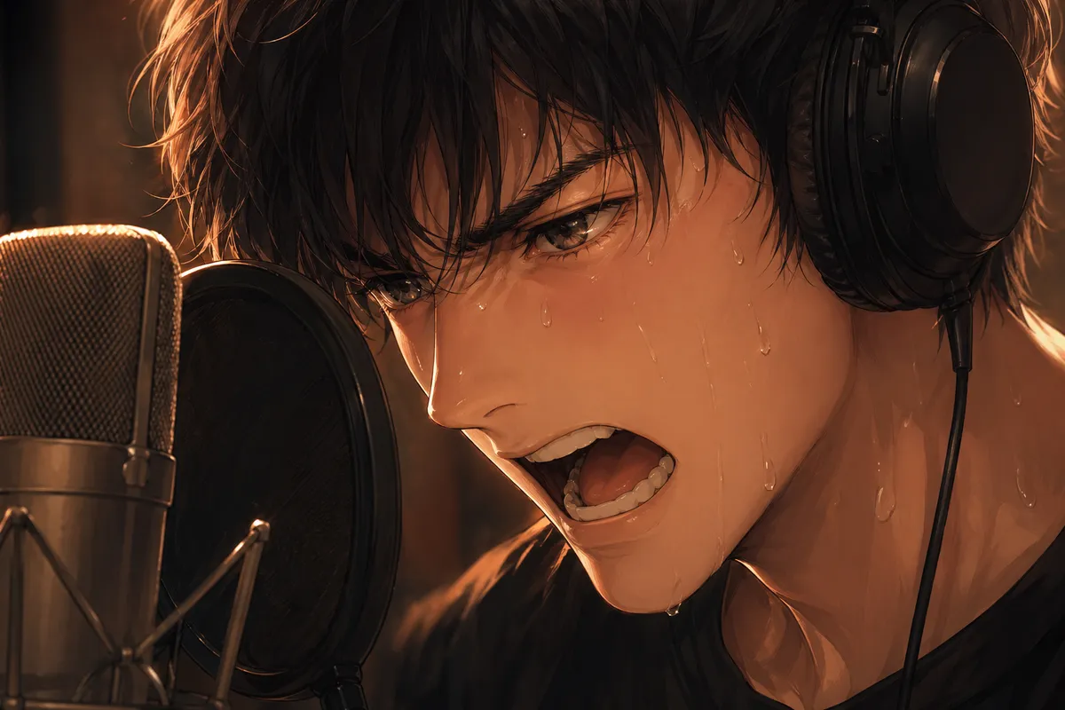 アニメ声優の専門的な録音スタジオでのパフォーマンスと表現力。