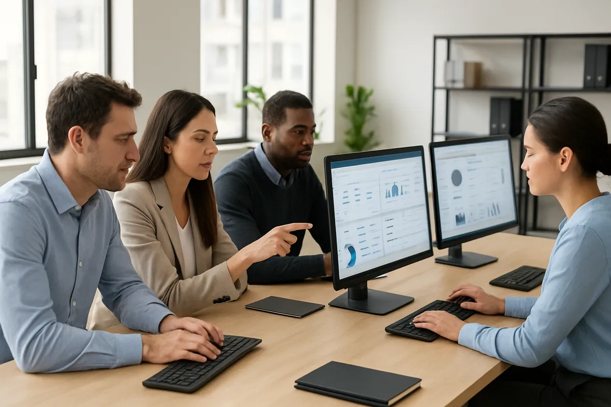 B2B営業・マーケティングチームがCRMやMAツールを使用して戦略立案と成果最大化に取り組む様子