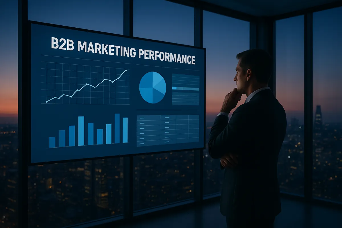 B2B営業・マーケティングチームがCRMやMAツールを使用して戦略立案と成果最大化に取り組む様子