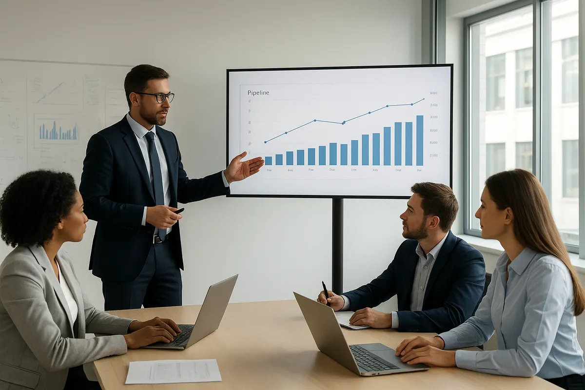 B2B営業チームが戦略会議でデータ分析と営業パイプラインの最適化に取り組んでいる様子