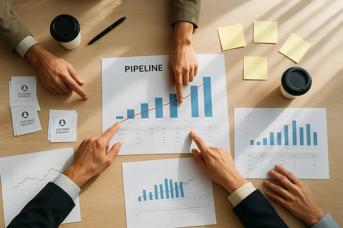 B2B営業チームが戦略会議でデータ分析と営業パイプラインの最適化に取り組んでいる様子