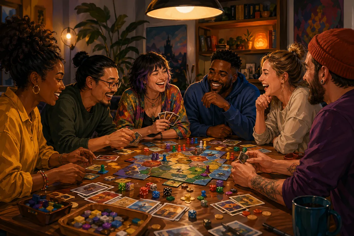 ボードゲームをプレイする人々とゲーム要素のイラスト集合。