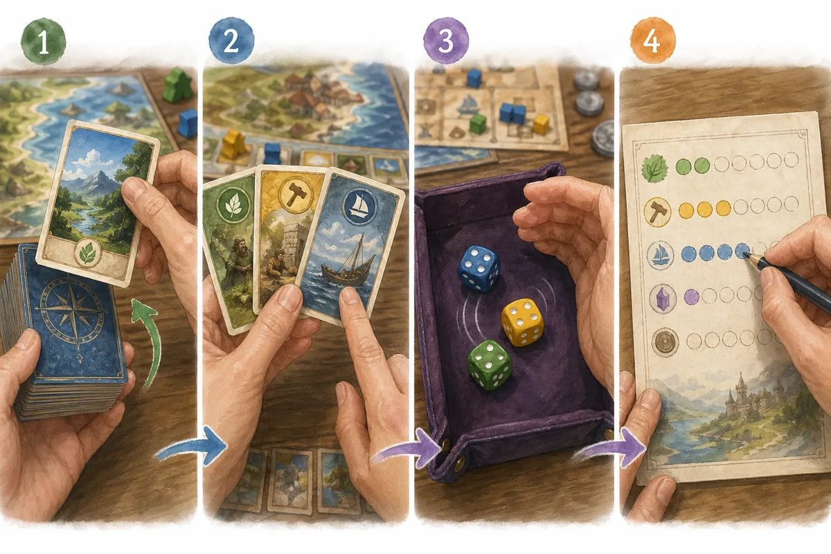 ボードゲームの基本的な遊び方とゲーム機構を示すイラスト。