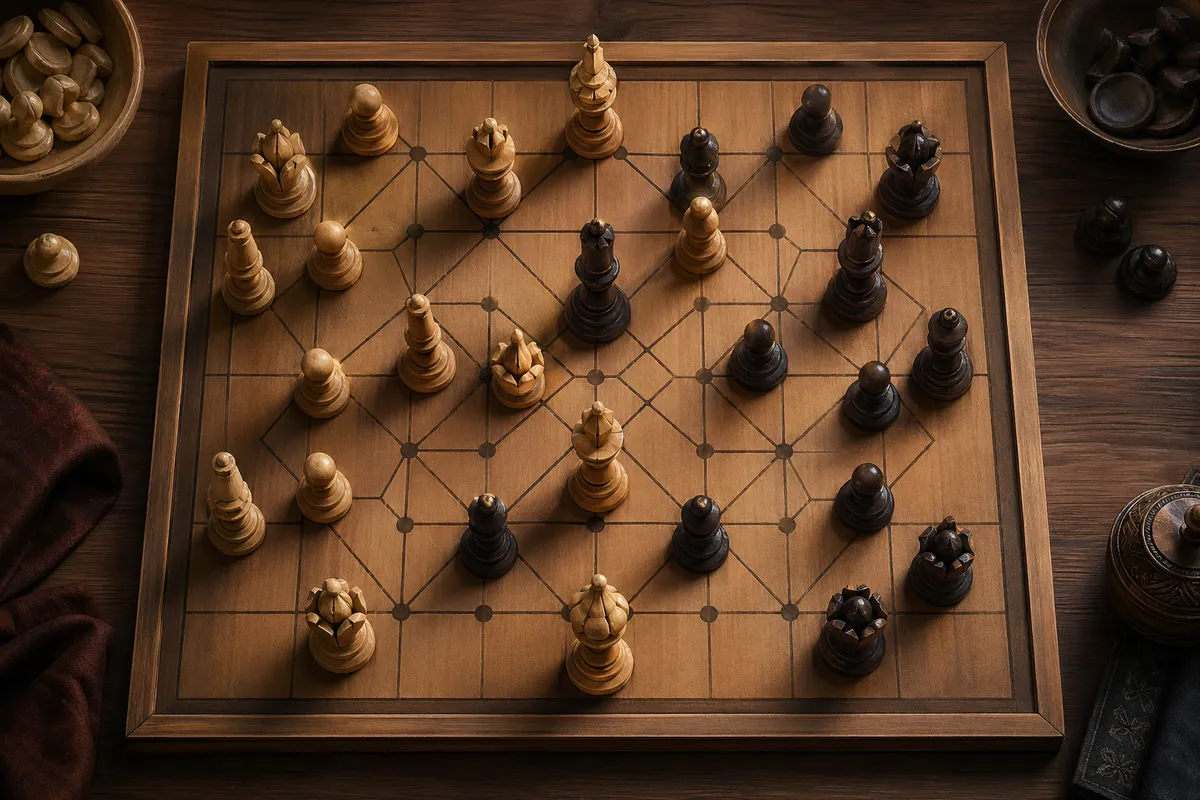 戦略ゲームのボードとゲームコマが配置された俯瞰図