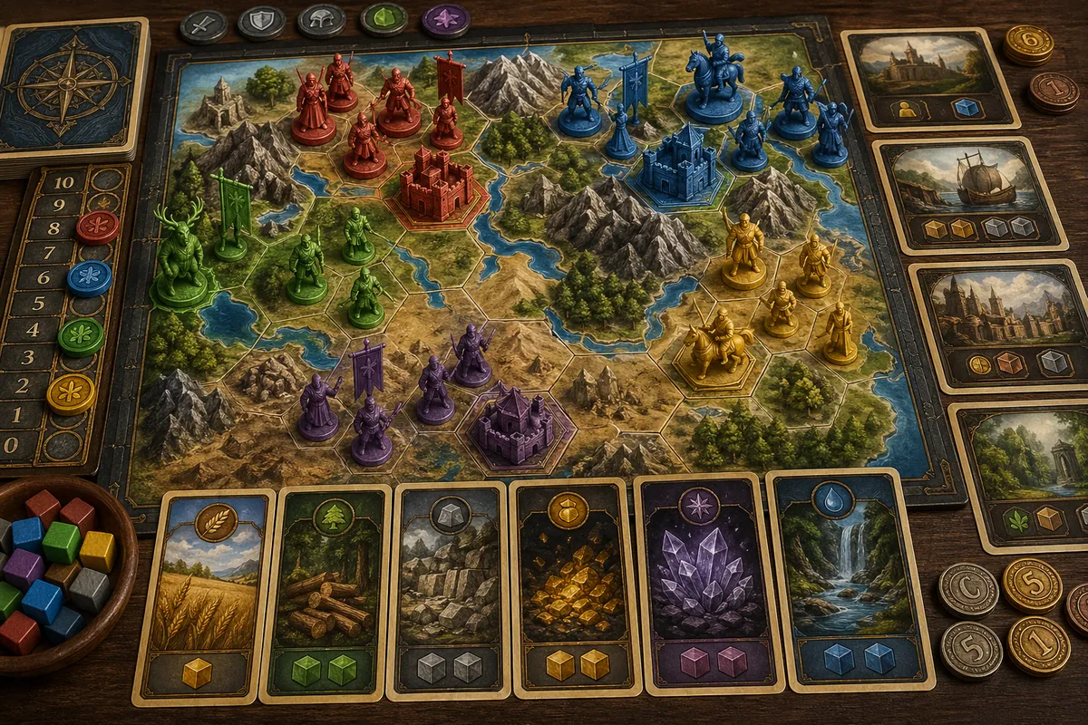 戦略ゲームのボードとゲームコマが配置された俯瞰図