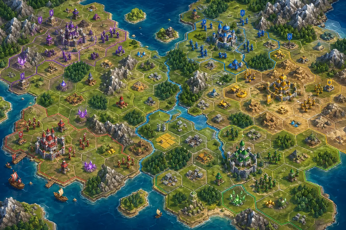 戦略ゲームのボードとゲームコマが配置された俯瞰図