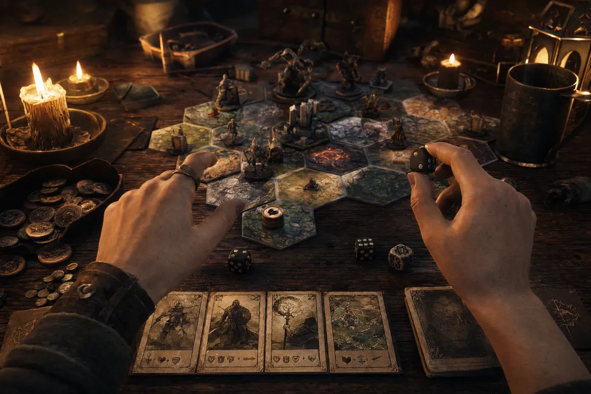 戦略ゲームのボードとゲームコマが配置された俯瞰図