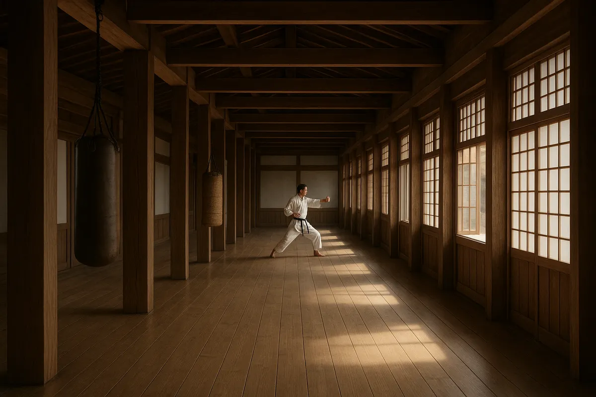 日本の伝統武道を学ぶ人々の稽古風景と道具。