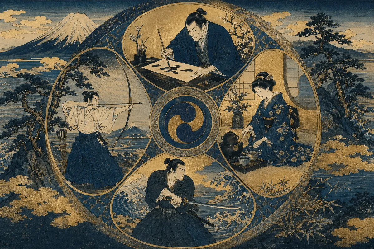 日本の武道と芸道の伝統文化を表現した和風イラスト