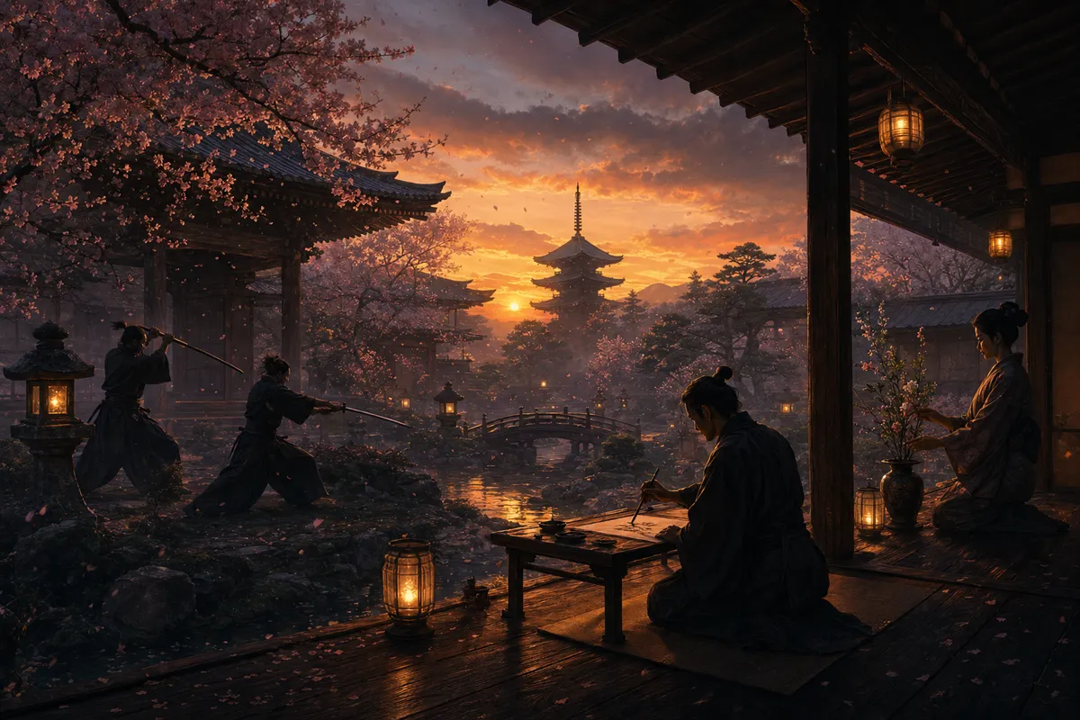 日本の武道と芸道の伝統文化を表現した和風イラスト