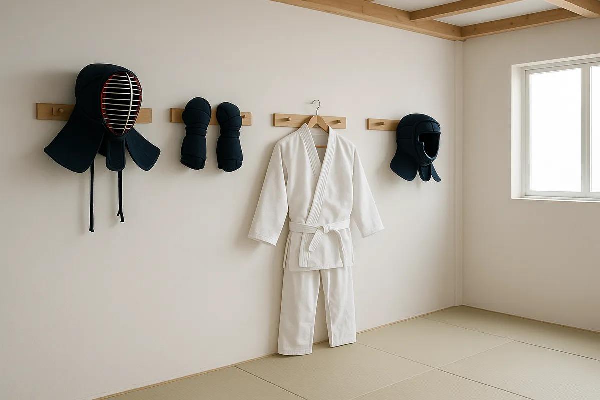 日本の武道・芸道に使われる伝統的な道具や装備の様々な種類を展示したもの。