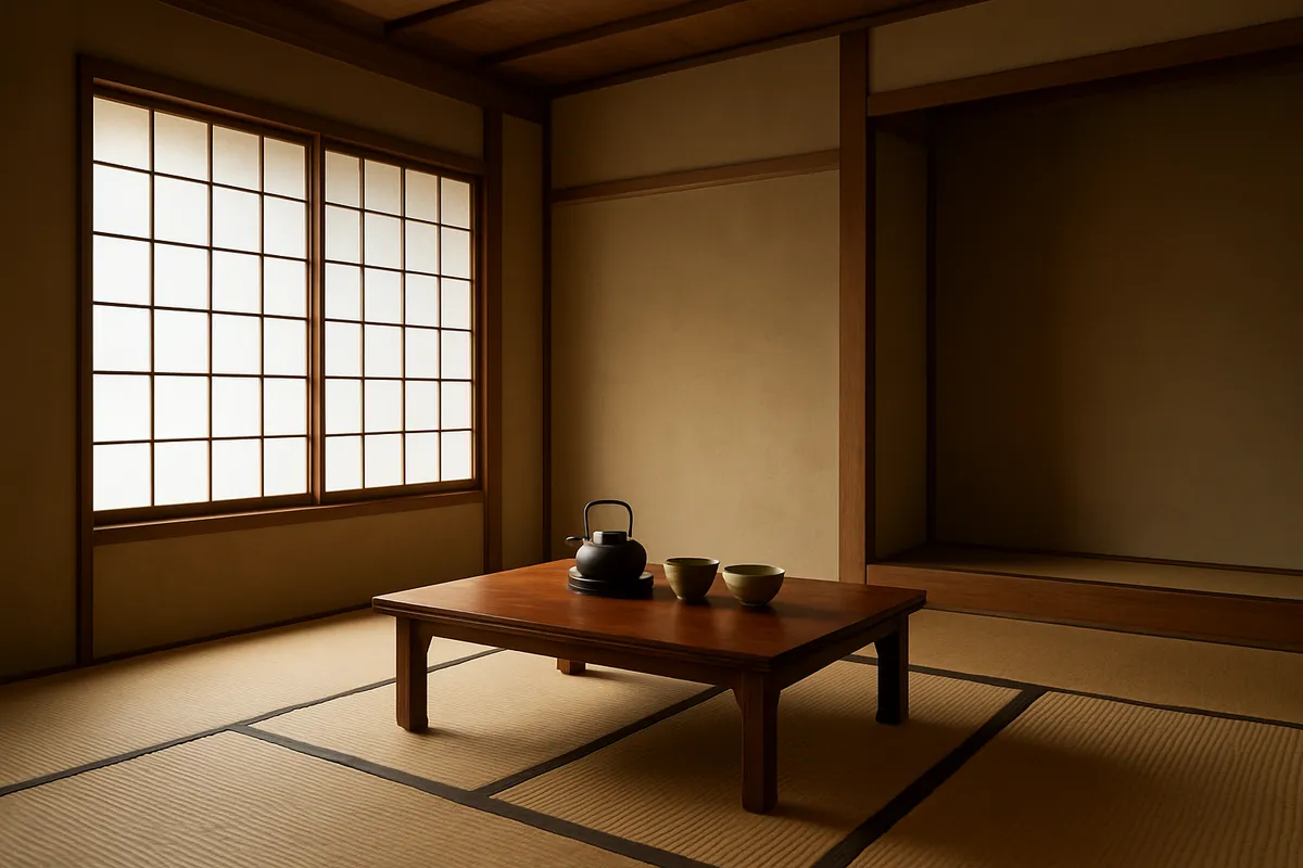 日本の芸道（茶道、書道、華道、能）の伝統的な道具と実践風景を集めた画像