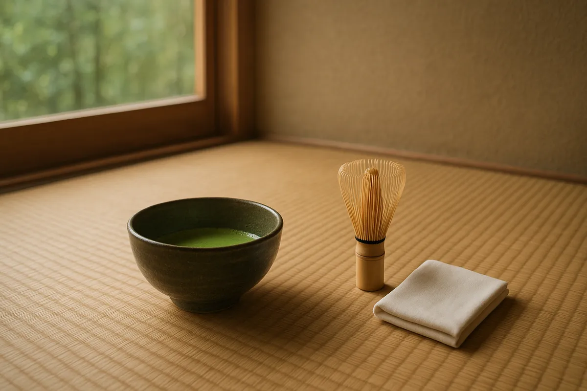 日本の芸道（茶道、書道、華道、能）の伝統的な道具と実践風景を集めた画像