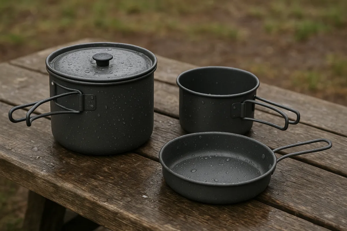 キャンプで使うクッカーや調理器具の実用的なレビュー写真。