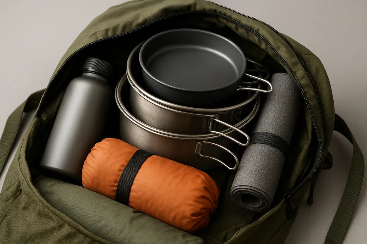 キャンプで使うクッカーや調理器具の実用的なレビュー写真。