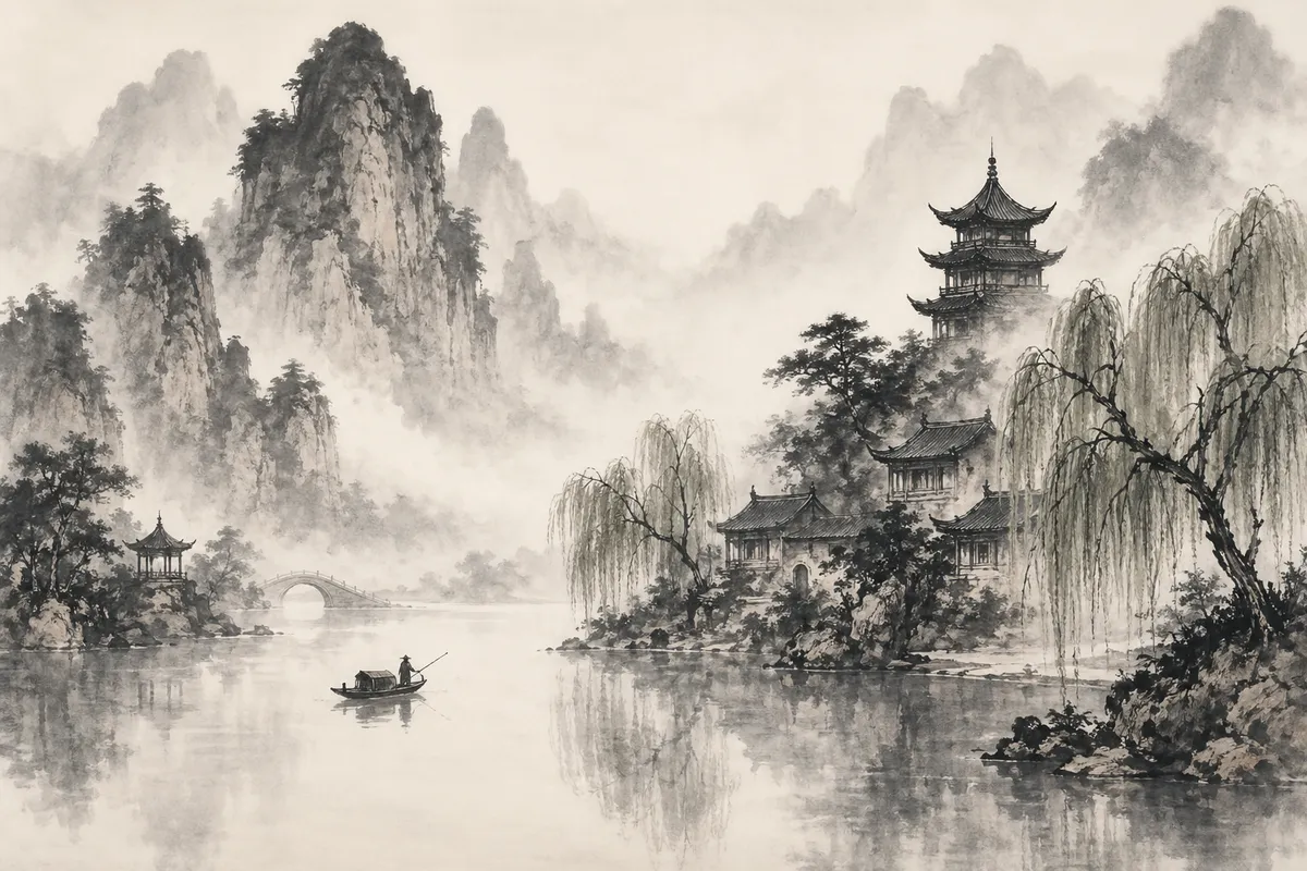 中国の伝統文化を象徴する水墨画・書道・工芸品のイメージ。