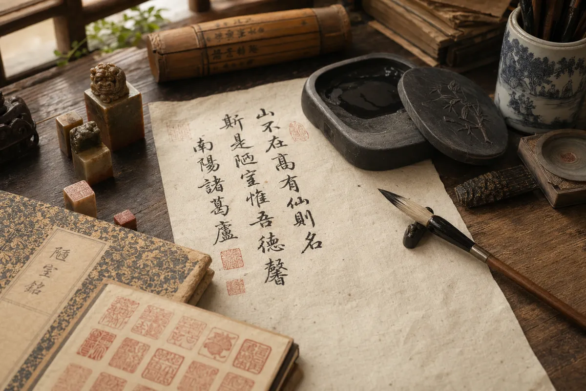 中国の伝統文化を象徴する水墨画・書道・工芸品のイメージ。