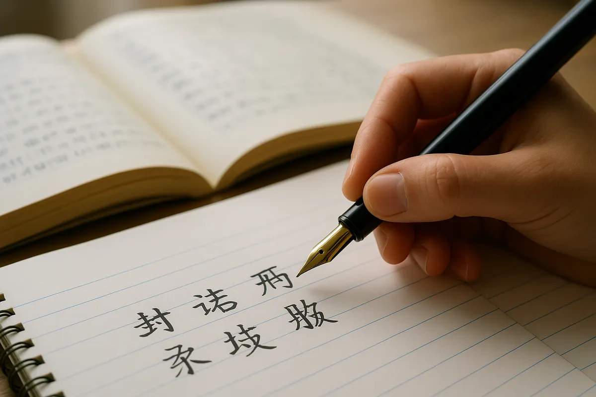 中国語の文法を学ぶ学生の学習風景と教材のコレクション。