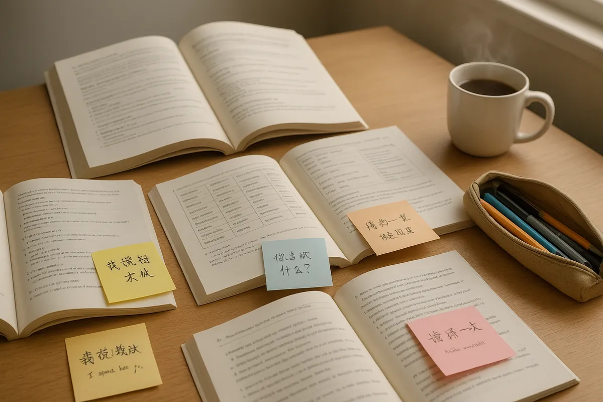中国語の文法を学ぶ学生の学習風景と教材のコレクション。