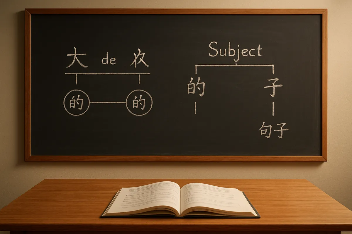 中国語の文法を学ぶ学生の学習風景と教材のコレクション。