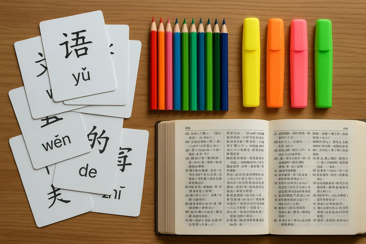 中国語の文法を学ぶ学生の学習風景と教材のコレクション。