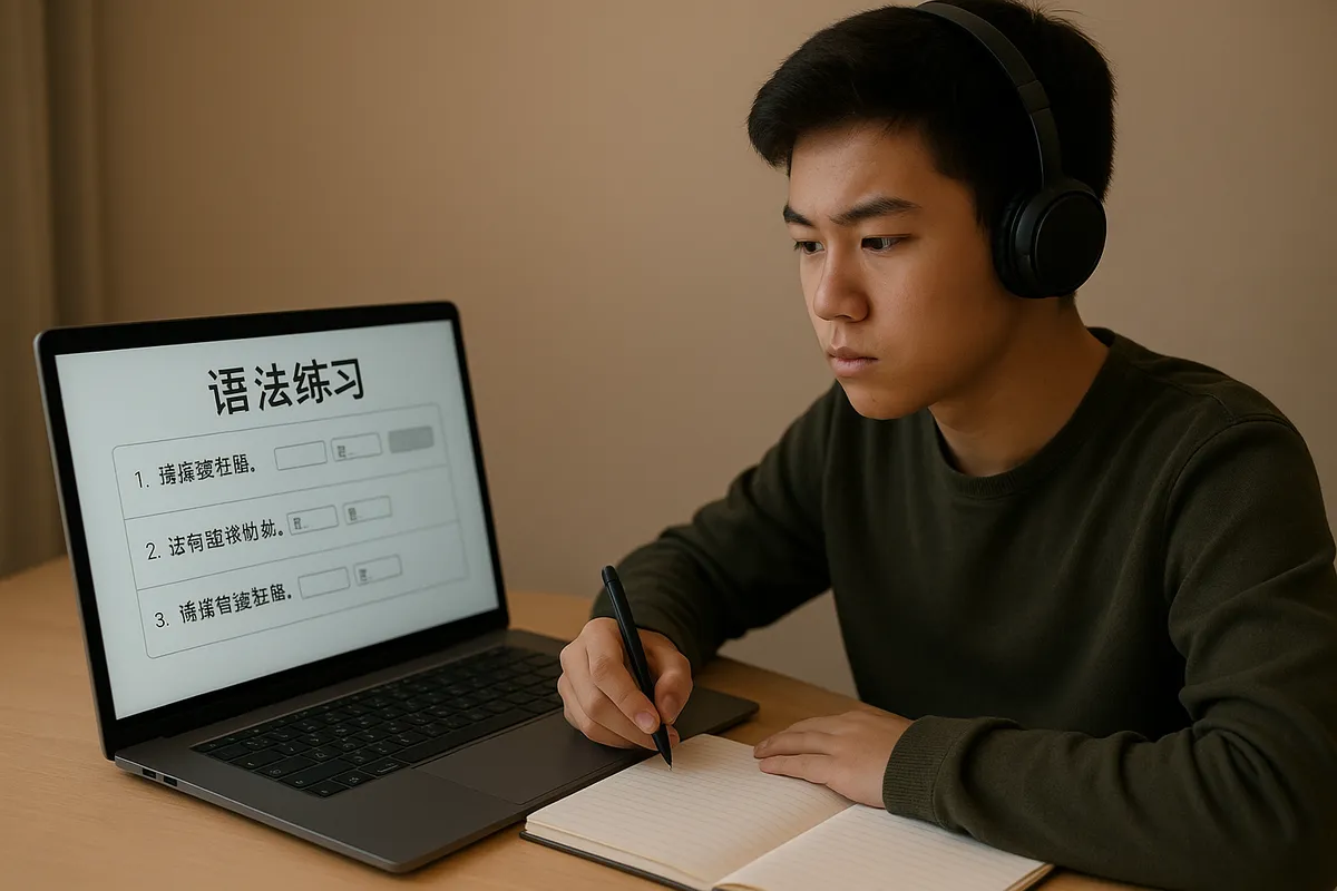 中国語の文法を学ぶ学生の学習風景と教材のコレクション。