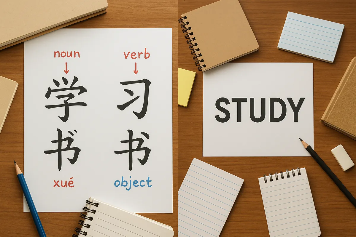 中国語の文法を学ぶ学生の学習風景と教材のコレクション。