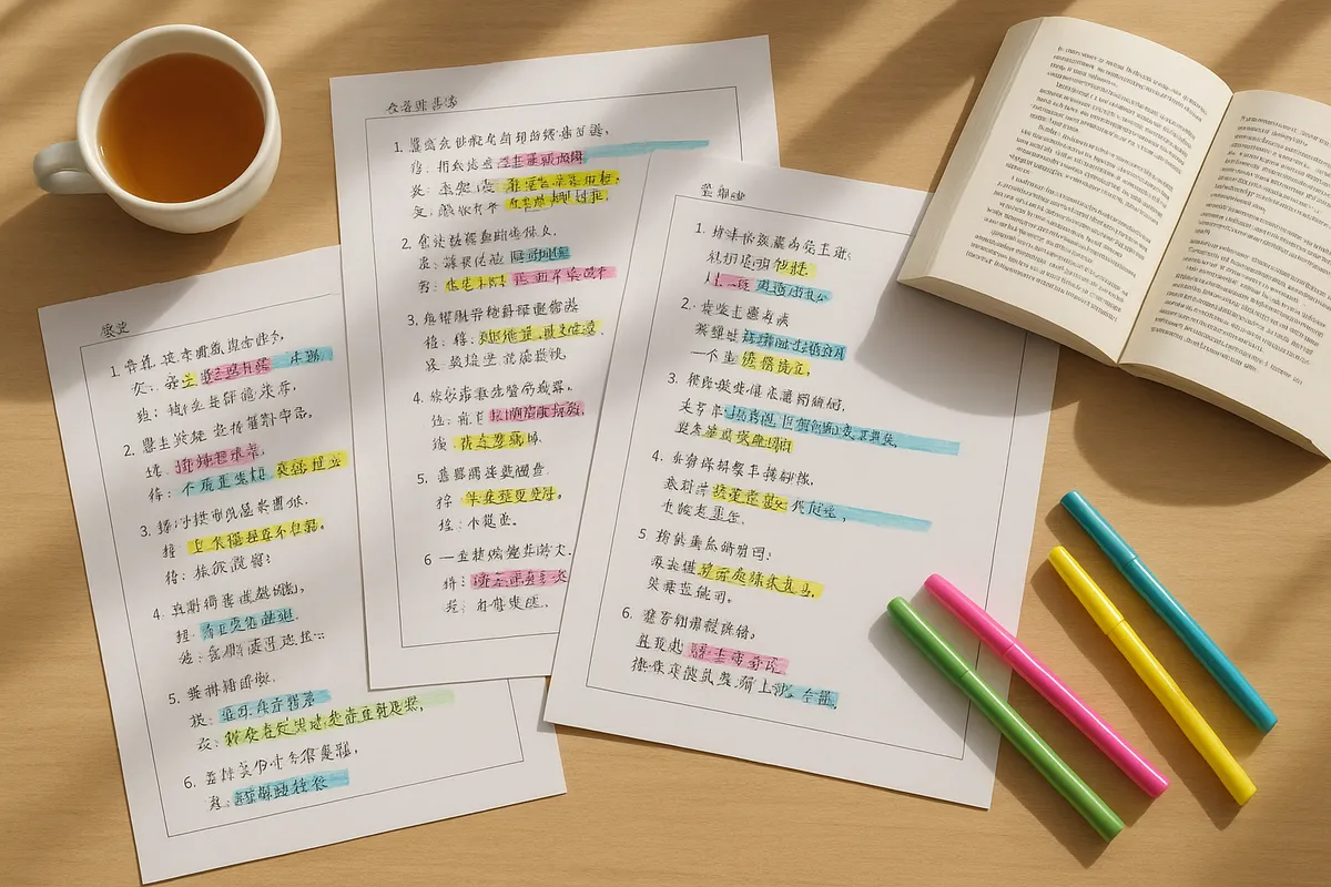 中国語の文法を学ぶ学生の学習風景と教材のコレクション。