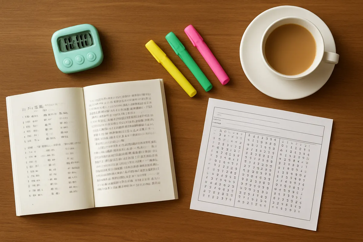 HSK試験対策の学習教材と勉強風景を示す様々な角度の写真集。
