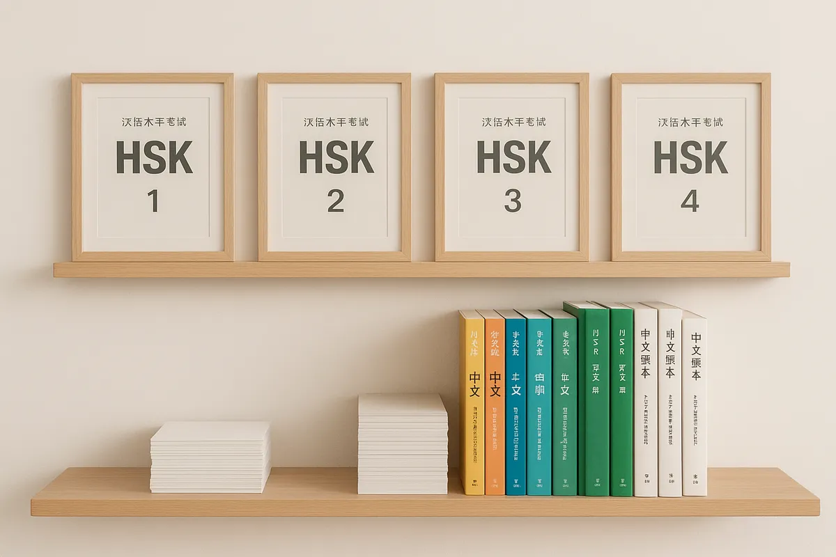 HSK試験対策の学習教材と勉強風景を示す様々な角度の写真集。