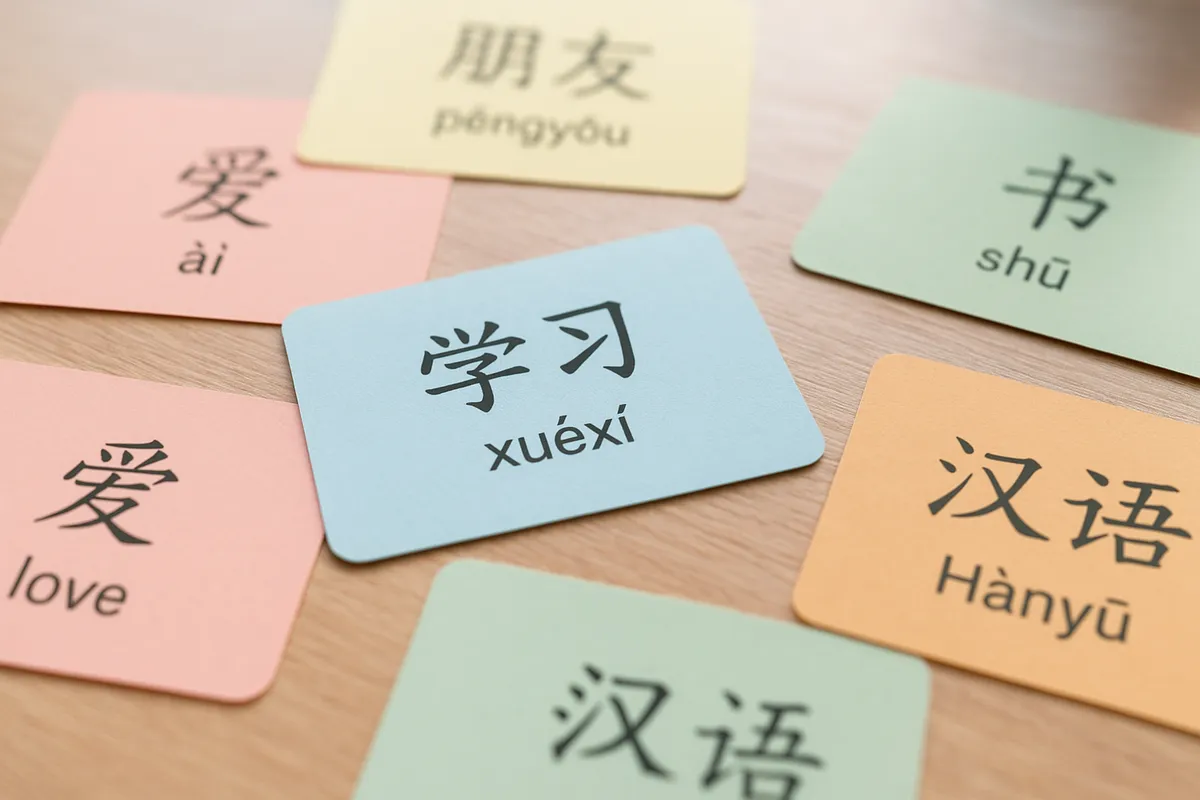 HSK試験対策の学習教材と勉強風景を示す様々な角度の写真集。