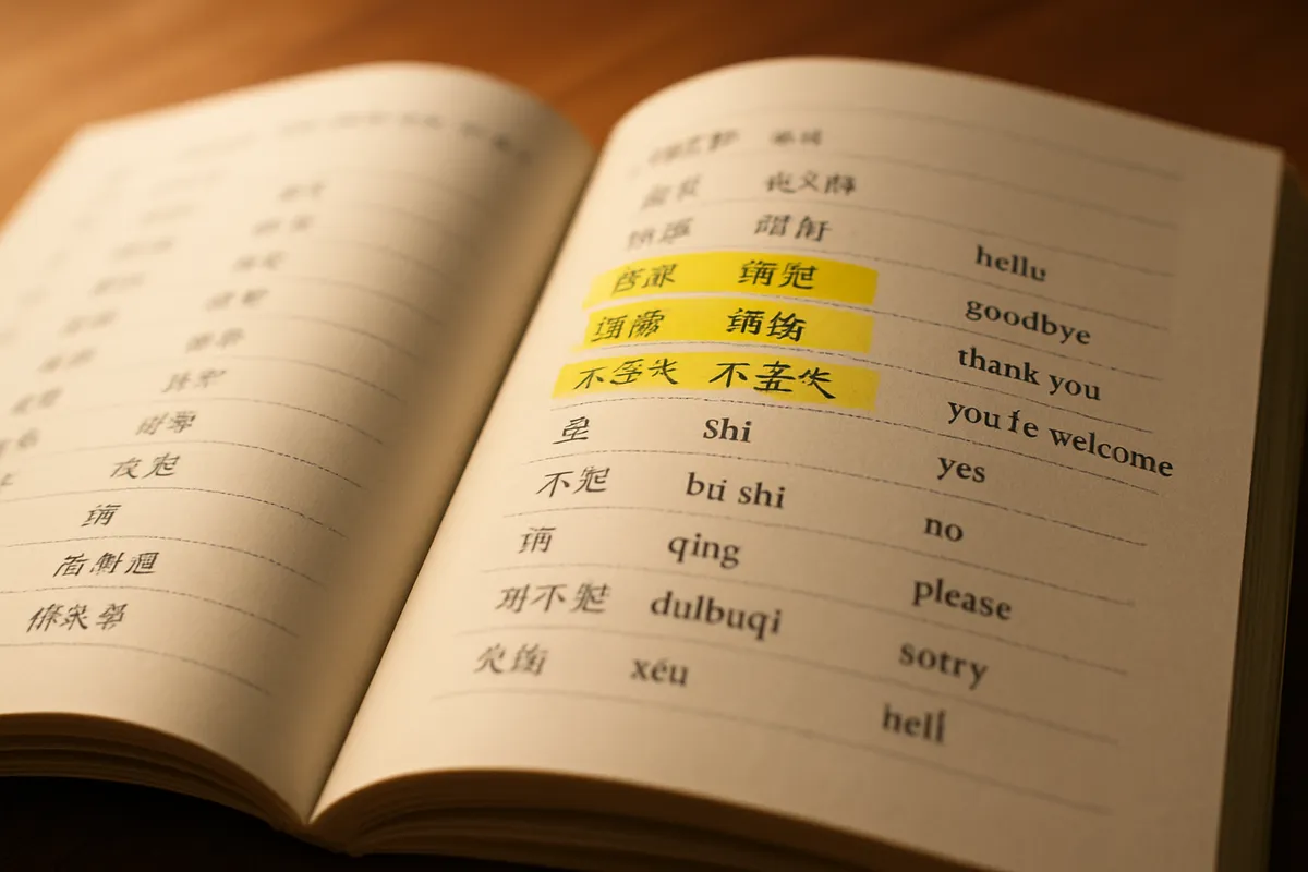 中国語の基本的なフレーズと学習教材を示すイメージ
