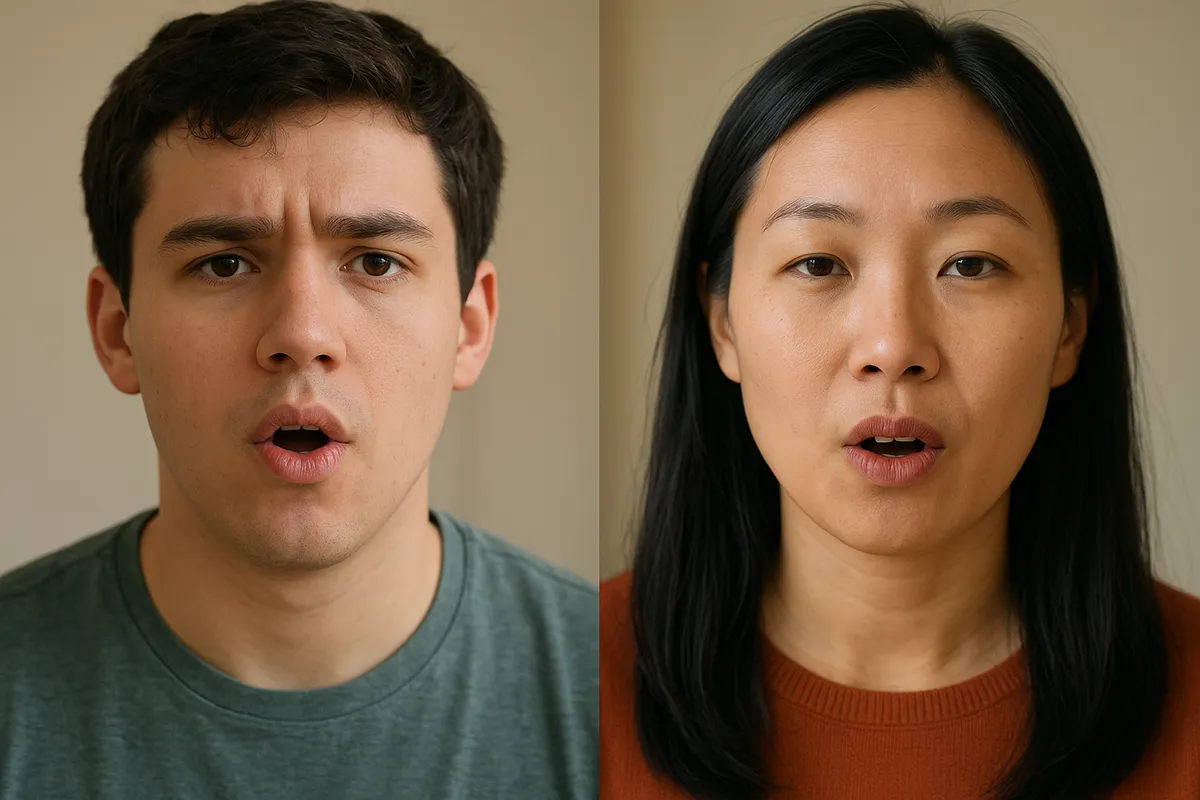 中国語の正しい発音と声調を学ぶための実践的な学習シーンを示した画像。