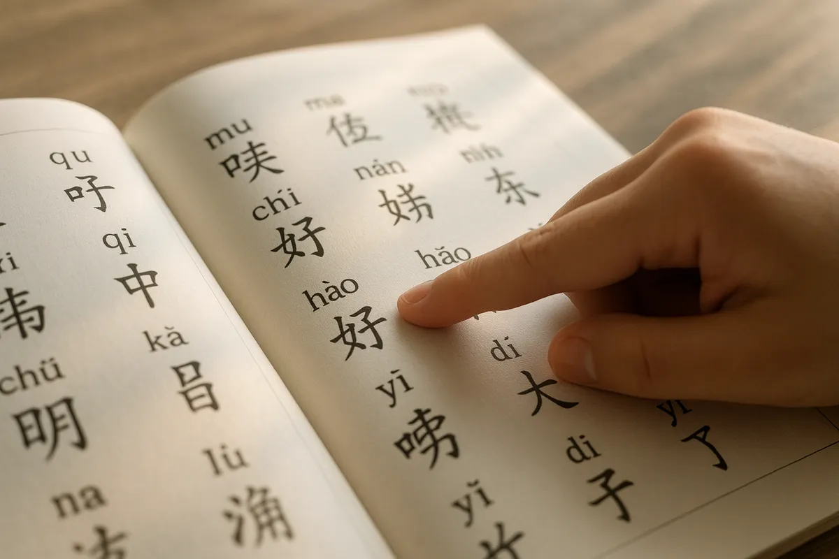 中国語の正しい発音と声調を学ぶための実践的な学習シーンを示した画像。