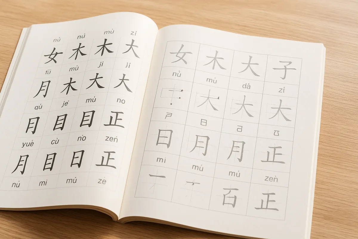 中国語学習に必要な教科書、アプリ、参考書などの教材が整理されたデスク周りの様子。
