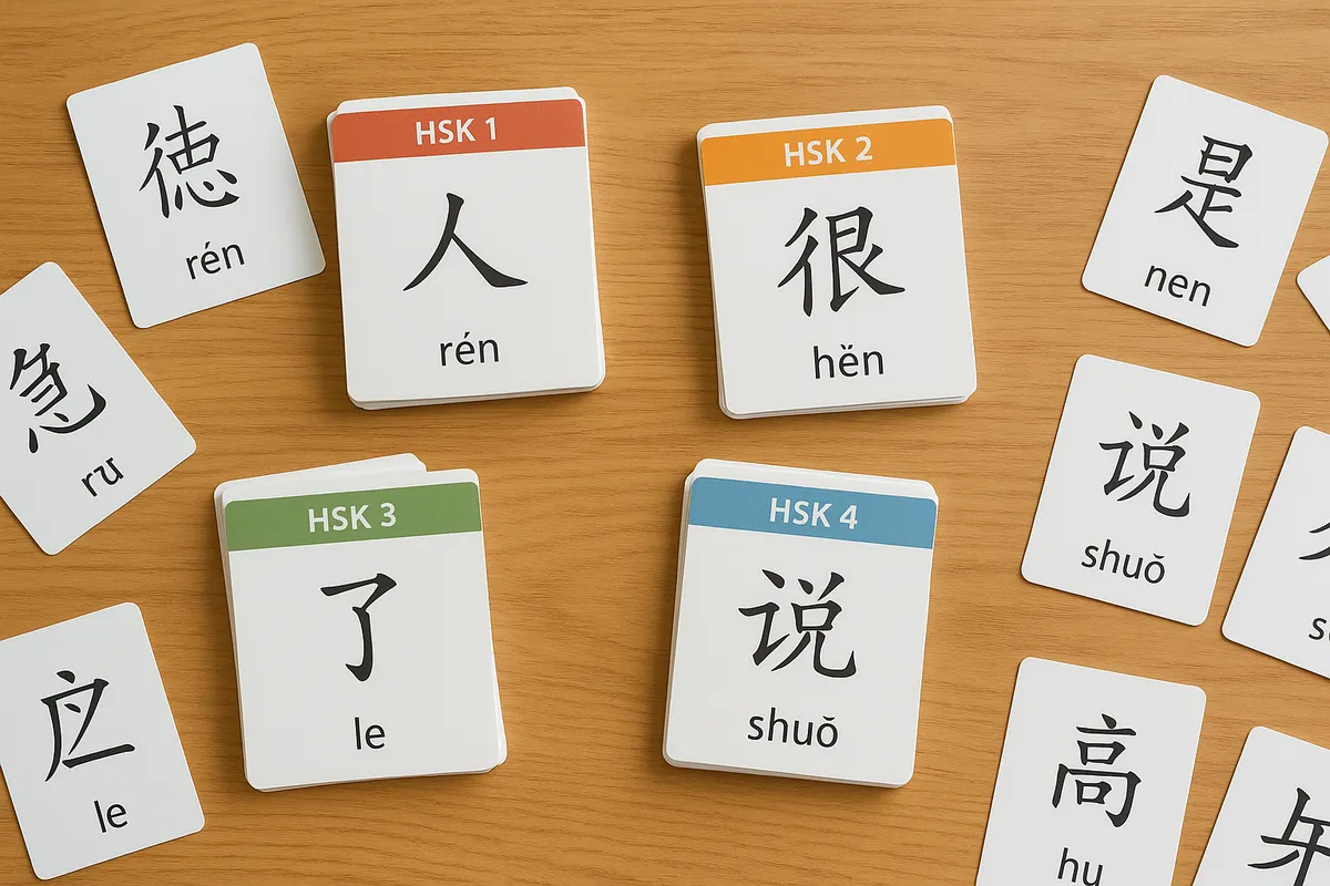 中国語学習に必要な教科書、アプリ、参考書などの教材が整理されたデスク周りの様子。