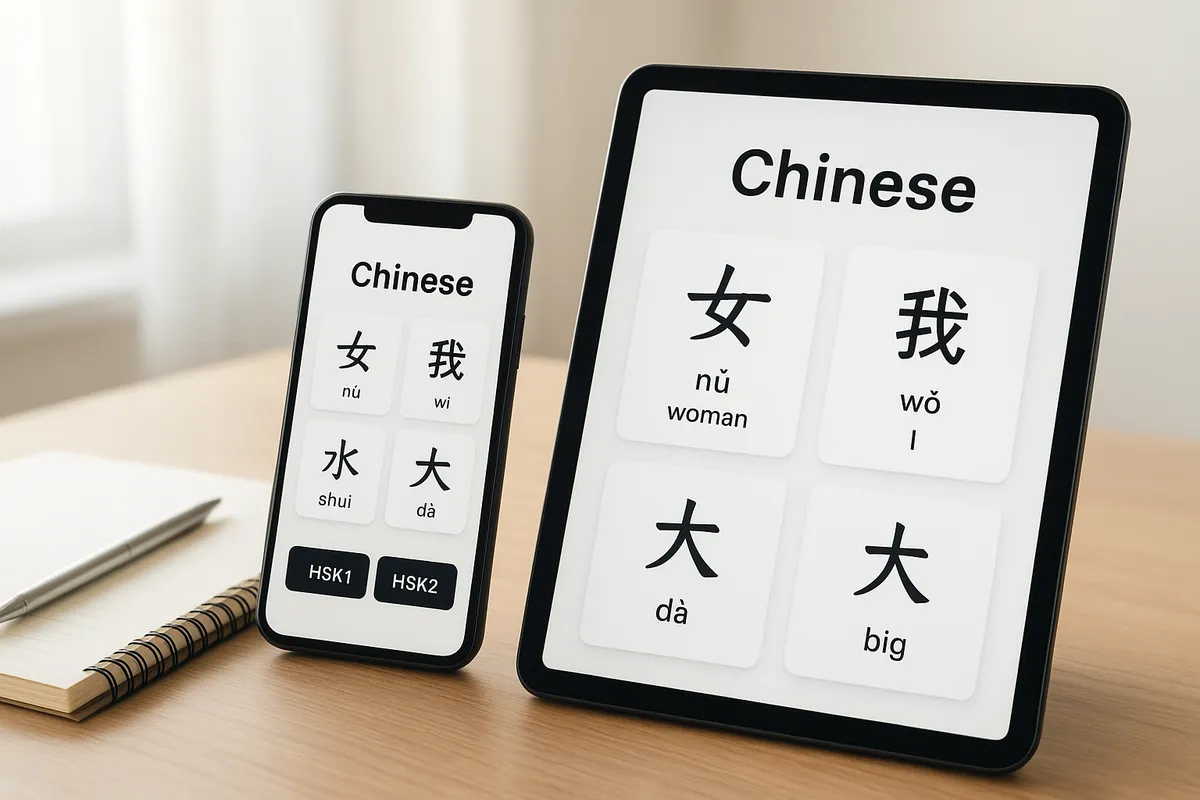 中国語学習に必要な教科書、アプリ、参考書などの教材が整理されたデスク周りの様子。