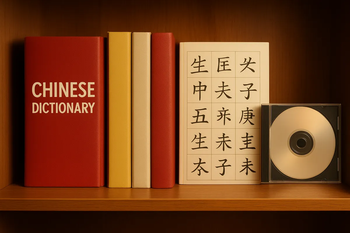 中国語学習に必要な教科書、アプリ、参考書などの教材が整理されたデスク周りの様子。
