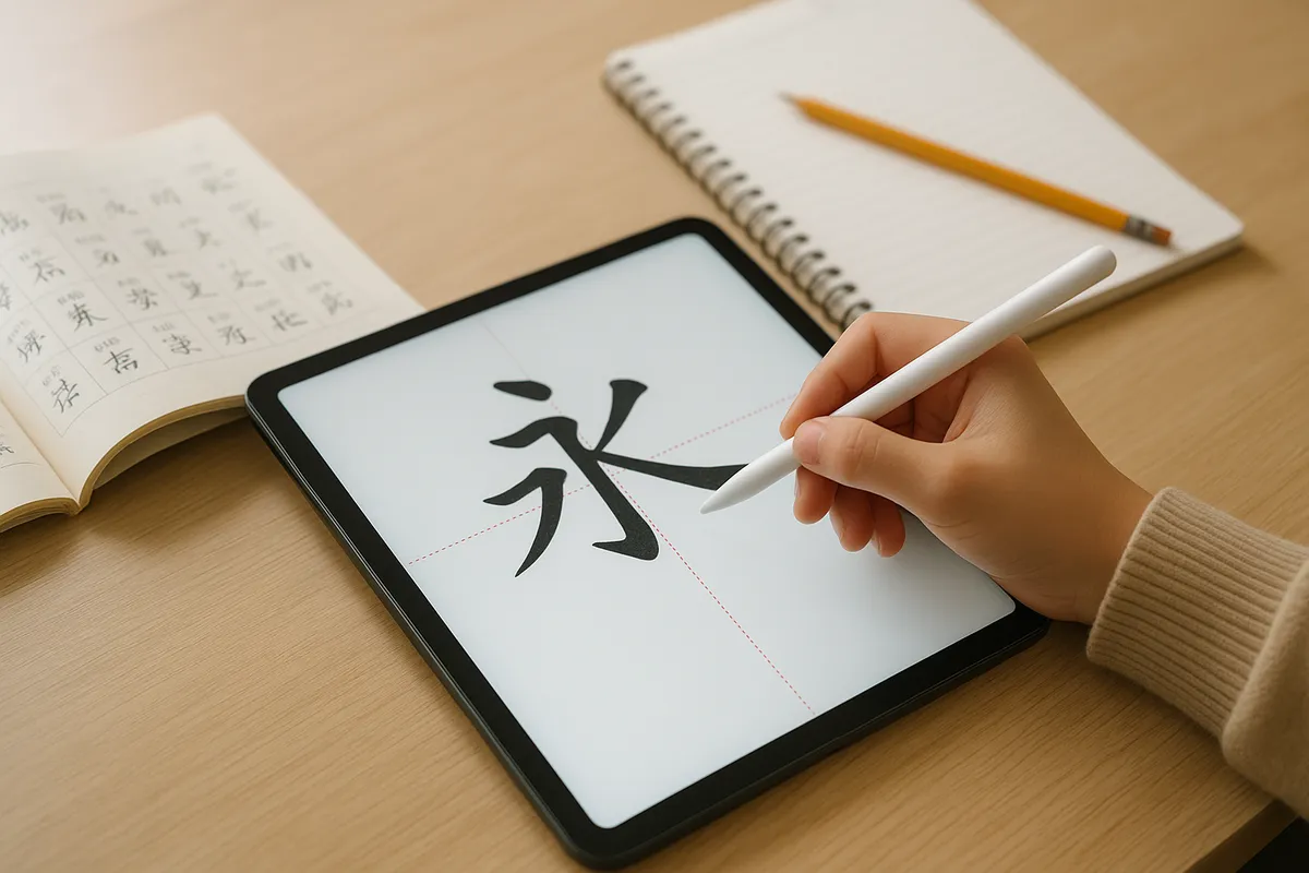中国語学習に必要な教科書、アプリ、参考書などの教材が整理されたデスク周りの様子。