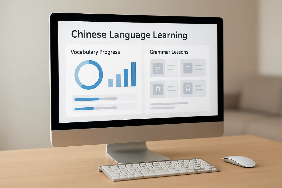 中国語学習に必要な教科書、アプリ、参考書などの教材が整理されたデスク周りの様子。
