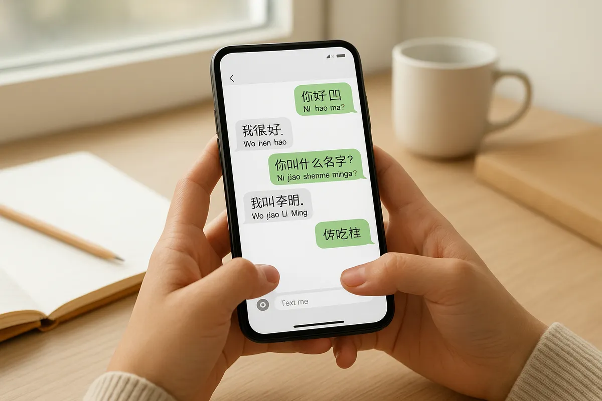 中国語学習に必要な教科書、アプリ、参考書などの教材が整理されたデスク周りの様子。