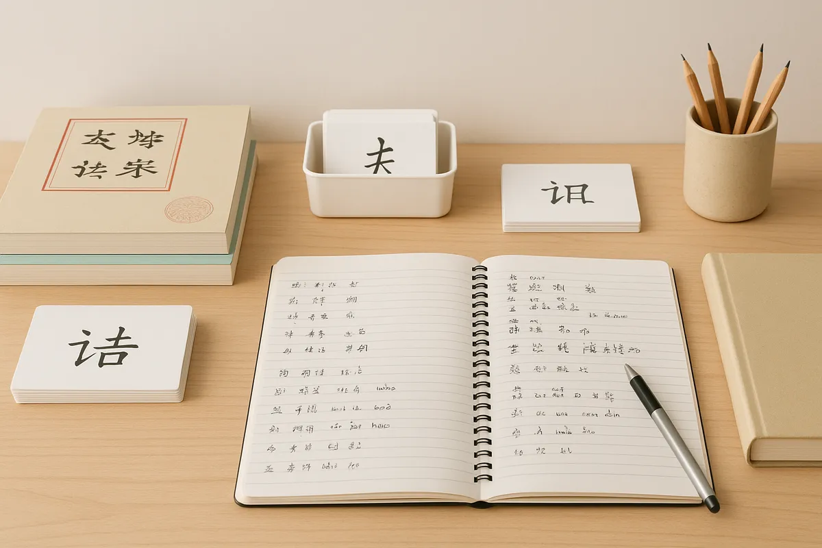 中国語の勉強に取り組む学習者の様々な場面を描いた画像集。