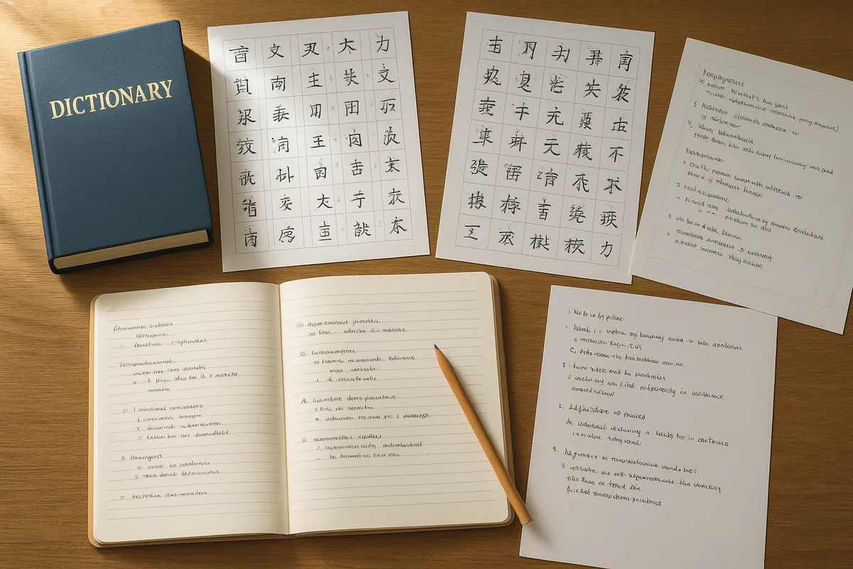 中国語の勉強に取り組む学習者の様々な場面を描いた画像集。