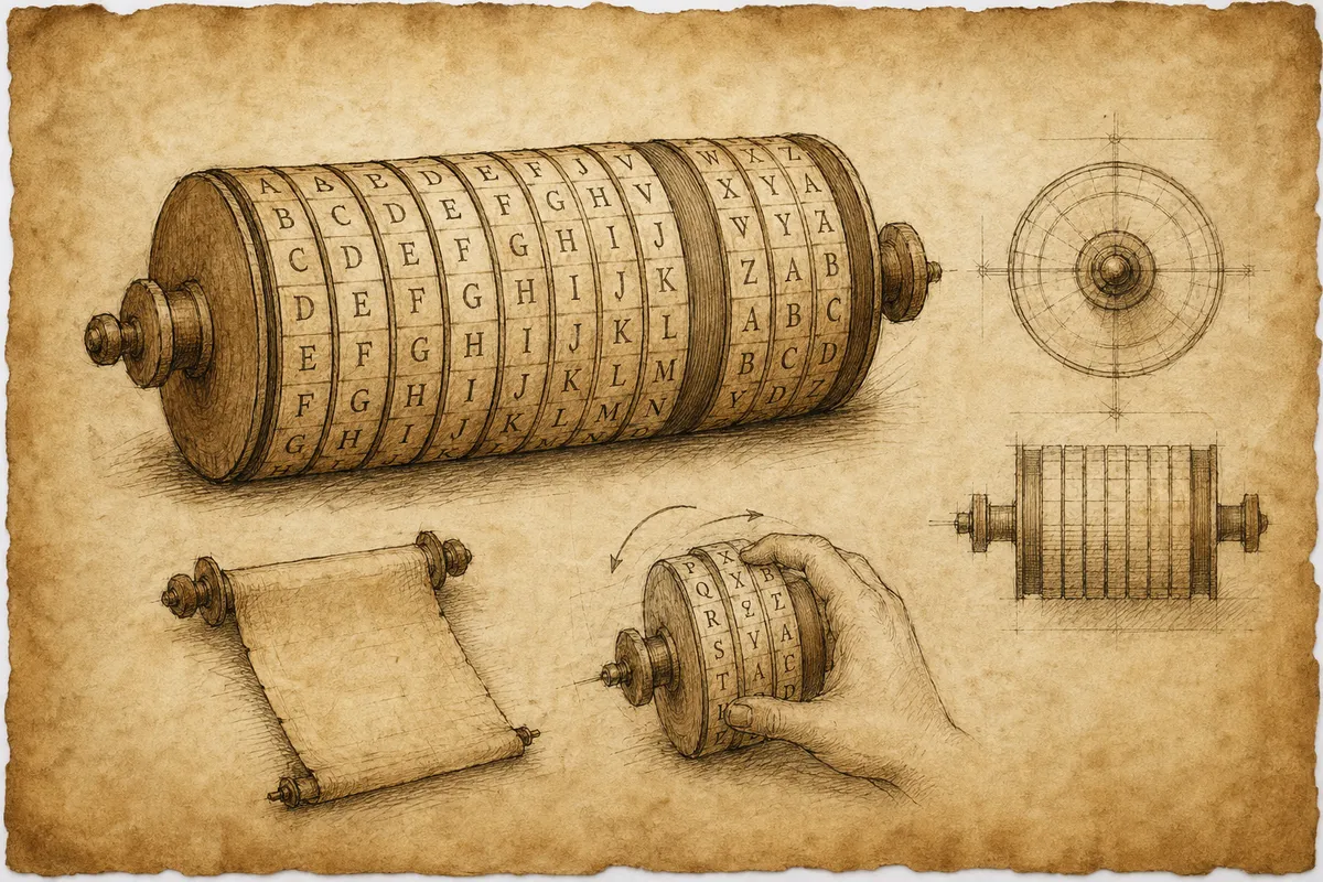 古代から中世にかけての手作業による暗号化と解読方法を示す歴史的イラスト。