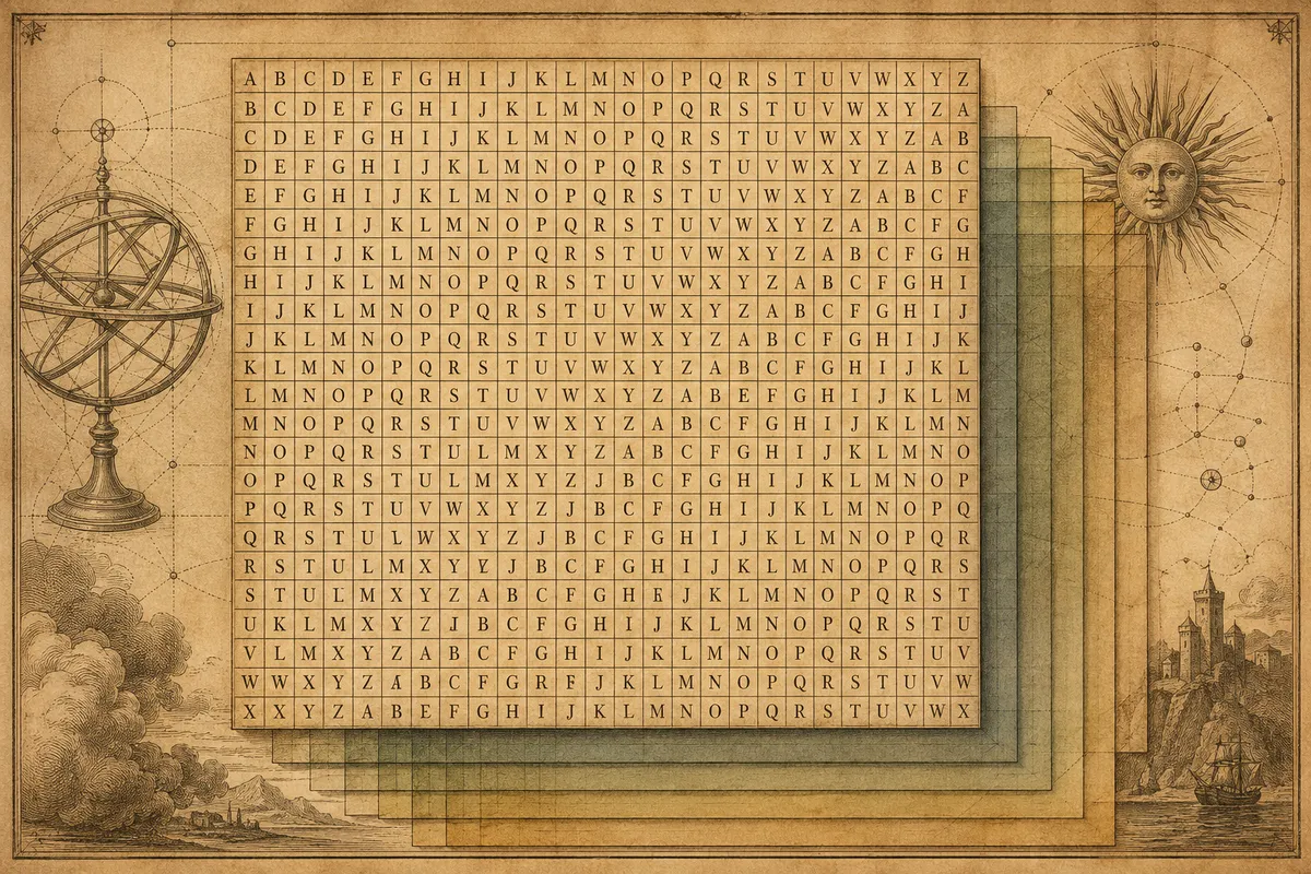 古代から中世にかけての手作業による暗号化と解読方法を示す歴史的イラスト。