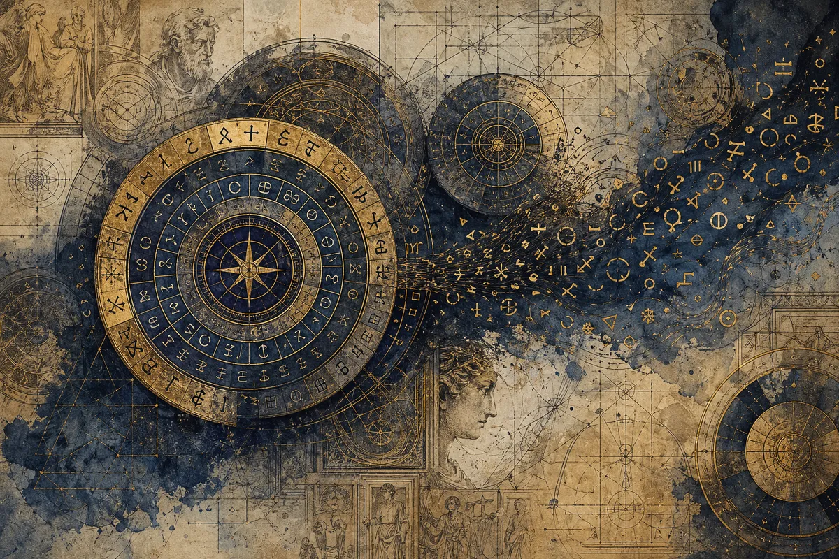 古代の暗号から量子暗号までの進化を象徴する抽象的なデジタルアート。